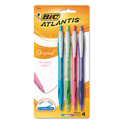 Bic Atlantis Retractable Ballpoint Pen, 1mm, Assorted Ink/Barrel, 4/Pack