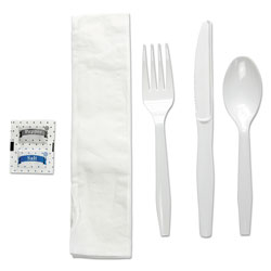 Boardwalk Six-Piece Cutlery Kit, Condiment/Fork/Knife/Napkin/Teaspoon, White, 250/Carton