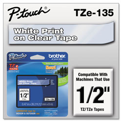 Brother TZe Standard Adhesive Laminated Labeling Tape, 0.47" x 26.2 ft, White on Clear (BRTTZE135)