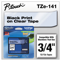 Brother TZe Standard Adhesive Laminated Labeling Tape, 0.7" x 26.2 ft, Black on Clear (BRTTZE141)