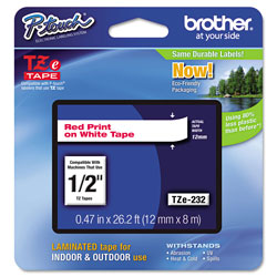 Brother TZe Standard Adhesive Laminated Labeling Tape, 0.47" x 26.2 ft, Red on White (BRTTZE232)