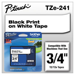 Brother TZe Standard Adhesive Laminated Labeling Tape, 0.7" x 26.2 ft, Black on White (BRTTZE241)