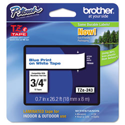 Brother TZe Standard Adhesive Laminated Labeling Tape, 0.7" x 26.2 ft, Blue on White (BRTTZE243)