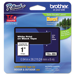 Brother TZe Standard Adhesive Laminated Labeling Tape, 0.94" x 26.2 ft, White on Black (BRTTZE355)