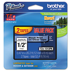 Brother TZe Standard Adhesive Laminated Labeling Tapes, 0.47" x 26.2 ft, Black on Clear, 2/Pack (BRTTZE1312PK)