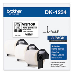 Brother Die-Cut Name Badge Labels, 2.3 x 3.4, White, 260/Roll, 3 Rolls/Pack