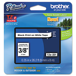 Brother TZe Standard Adhesive Laminated Labeling Tape, 0.35 in x 26.2 ft, Black on White