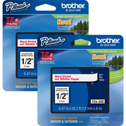 Brother P-touch TZe Laminated Tape Cartridges, 1/2 in, 2/BD, RD/White