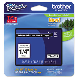 Brother TZe Standard Adhesive Laminated Labeling Tape, 0.23 in x 26.2 ft, White on Black