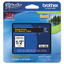 Brother TZe Standard Adhesive Laminated Labeling Tape, 0.47 in x 26.2 ft, Gold on Black