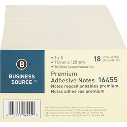 Business Source Adhesive Note Pads, Pop-up, 3" x 5", 100 Sheets, 18 Pack, Yellow