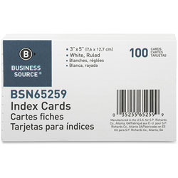 Business Source Index Cards, Ruled, 90lb., 3" x 5", White