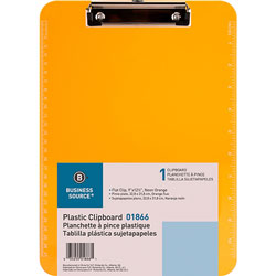 Business Source Clipboard, Plastic, w/Flat Clip, 9 inx12 in, Neon Orange