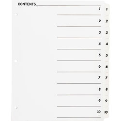 Business Source Index Dividers,w/TOC Page,1-10, 10 Tabs/ST,11 inx8-1/2 in,White