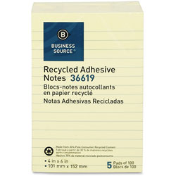 Business Source Recycled Notes, 4 in x 6 in, 5/PK, Yellow