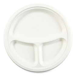 Boardwalk Bagasse PFAS-Free Dinnerware, Plate, 10 in dia, 3-Compartment, White, 500/Carton