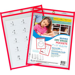 C-Line Dry Erase Pocket, Reusable, 9 in x 12 in, 30/BX, Red