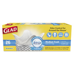 Glad OdorShield Medium Quick-Tie Trash Bags, 8 gal, 0.57 mil, 21.63 in x 23 in, White, 26/Box