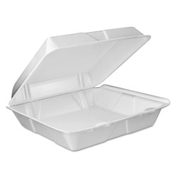 Dart Foam Vented Hinged Lid Containers, 9w x 9 2/5d x 3h, White, 100/PK, 2 PK/CT