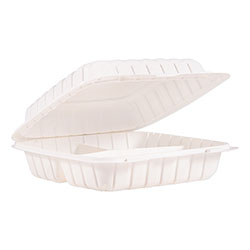 Dart Hinged Lid Three Compartment Containers, 9 in x 8.8 in x 3 in, White, 150/Carton