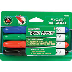 Dixon Ticonderoga White System Dry Erase Marker, Chisel Tip, Assorted Colors, 4/Set