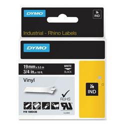 Dymo Rhino Permanent Vinyl Industrial Label Tape, 0.75 in x 18 ft, Black/White Print