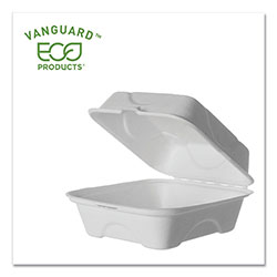 Eco-Products Vanguard Renewable and Compostable Sugarcane Clamshells, 1-Compartment, 6 x 6 x 3, White, 500/Carton