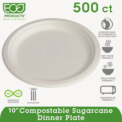 Eco-Products Renewable & Compostable Sugarcane Plates - 10 in, 500/CT