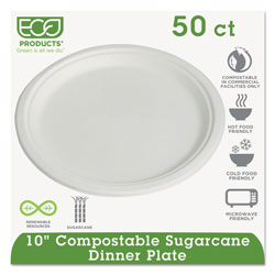 Eco-Products Compostable Sugarcane Dinnerware, 10 in Plate, Natural White, 50/Pack, 10 Pk/Ctn