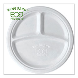 Eco-Products Vanguard Renewable and Compostable Sugarcane Plates, 3 Compartment, 10 in, White, 500/Carton
