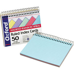 Oxford Spiral Index Cards, 4 x 6, Blue/Violet/Canary/Green/Cherry, 50/Pack