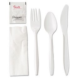 GEN Wrapped Cutlery Kit, Fork/Knife/Spoon/Napkin/Salt/Pepper, Polypropylene, White, 250/Carton