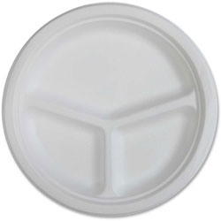 Genuine Joe Compostable Plates, 3-Comp, 10 in, 10/PK, White