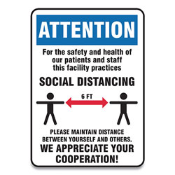 Accuform® Social Distance Signs, Wall, 10 x 7, Patients and Staff Social Distancing, Humans/Arrows, Blue/White, 10/Pack