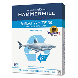 Hammermill Great White 30 Recycled Print Paper, 92 Bright, 20lb, 8.5 x 11, White, 500 Sheets/Ream, 5 Reams/Carton