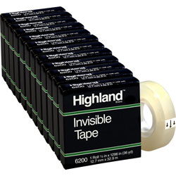 Highland Invisible Tape, 1 in Core, 1/2 inx1296 in, 12 Rolls.BX, Clear