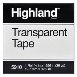Highland Transparent Tape, 1" Core, 0.5" x 36 yds, Clear (MMM5910121296)
