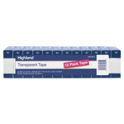 Highland Transparent Tape, 1 in Core, 0.75 in x 83.33 ft, Clear, 12/Pack