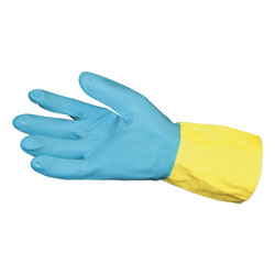 Impact Flocked Lined Neoprene Over Latex Gloves, Powder-Free, Blue/Yellow, Large, Dozen