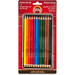Koh-I-Noor Polycolor Drawing Pencils, 3.8 mm, Open Tin Blister Pack, 12 Assorted Colors/Set