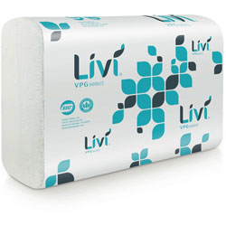 Livi VPG Select Multifold Towel, 1 Ply, Multifold, 9.06 in x 9.45 in, White, Virgin Fiber, Soft, Embossed, Absorbent, Eco-friendly, For Office Building, 250 Per Pack, 16/Carton