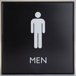 Lorell Restroom Sign, 1 Each, Men Print/Message, 8 in Width x 8 in Height, Square Shape, Easy Readability, Injection-molded, Plastic, Black