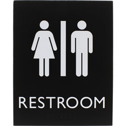 Lorell Restroom Sign, 1 Each, 6.4 in Width x 8.5 in Height, Rectangular Shape, Easy Readability, Braille, Plastic, Black