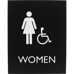 Lorell Restroom Sign, 1 Each, Women Print/Message, 6.4 in Width x 8.5 in Height, Rectangular Shape, Easy Readability, Braille, Plastic, Black