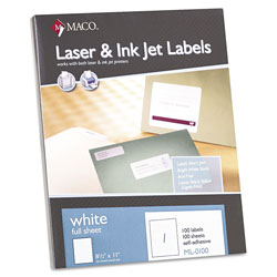 Maco Tag & Label White Laser/Inkjet Full-Sheet Identification Labels, Inkjet/Laser Printers, 8.5 x 11, White, 100/Box