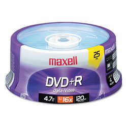 Maxell DVD+R Discs, 4.7GB, 16x, Spindle, Silver, 25/Pack