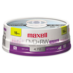 Maxell DVD+RW Discs, 4.7GB, 4x, Spindle, Silver, 15/Pack (MAX634046)