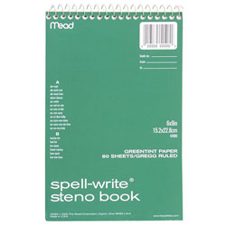 Mead Steno Book, Gregg Ruled, Perforated, 8-1/2"x6", 80 Sheets, Green Paper