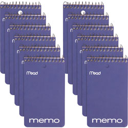 Mead Memo Books, College Ruled, 1-HP, Top Wirebound, 3 in x 5 in, 12/PK, Assorted