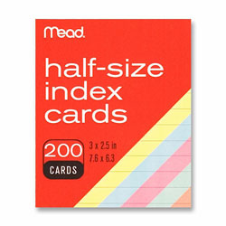 Mead Index Cards, Half-size, 3"x2-1/2", 200/PK, Assorted